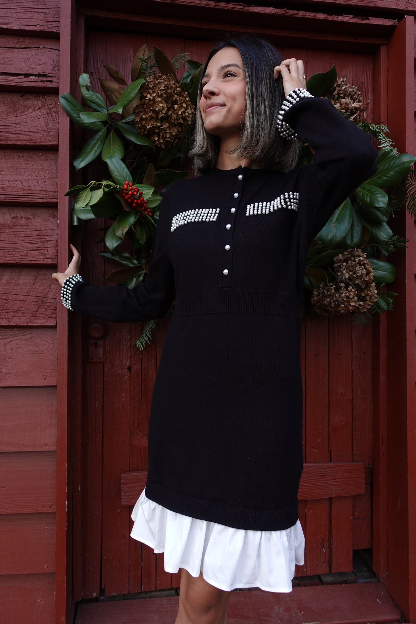 Pearl Embellished Mini Sweater Dress
