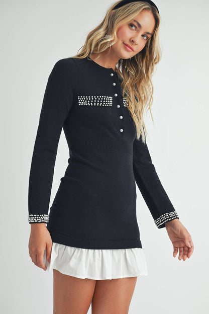 Pearl Embellished Mini Sweater Dress