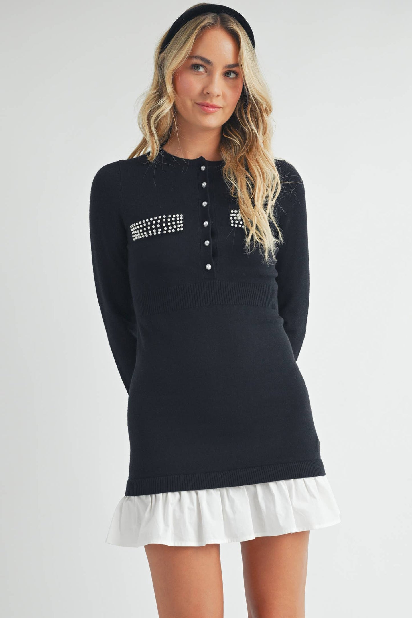 Pearl Embellished Mini Sweater Dress